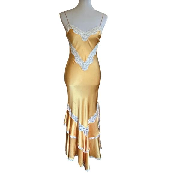 Vintage 80s Old Hollywood Jenny Dobell Marigold Silk Gown & Robe Set, Lace Sz 8 - Picture 3 of 12